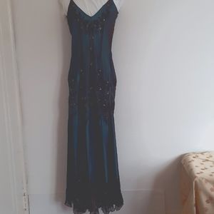 Papell Boutique 6P evening gown. Bead detail on sheer brown over turquoise.